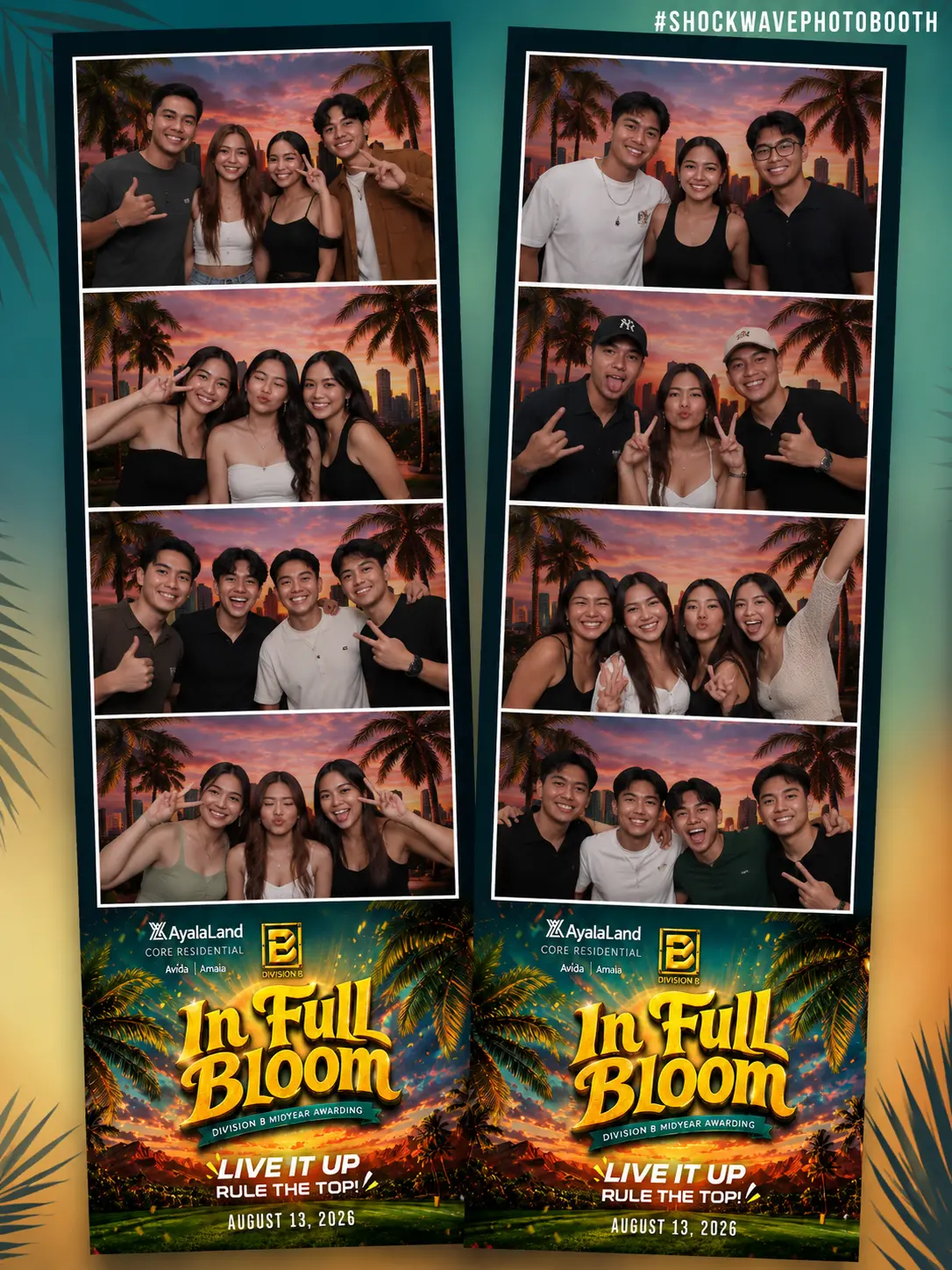 Guests holding instant prints beside an event photobooth